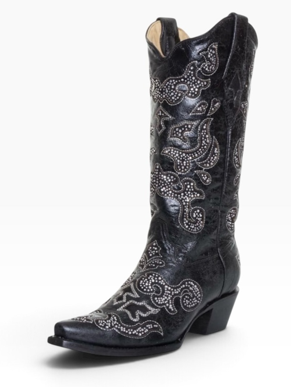 CORRAL BLACK LEATHER CRYSTAL INLAY SNIP-TOE BOOTS 8M
